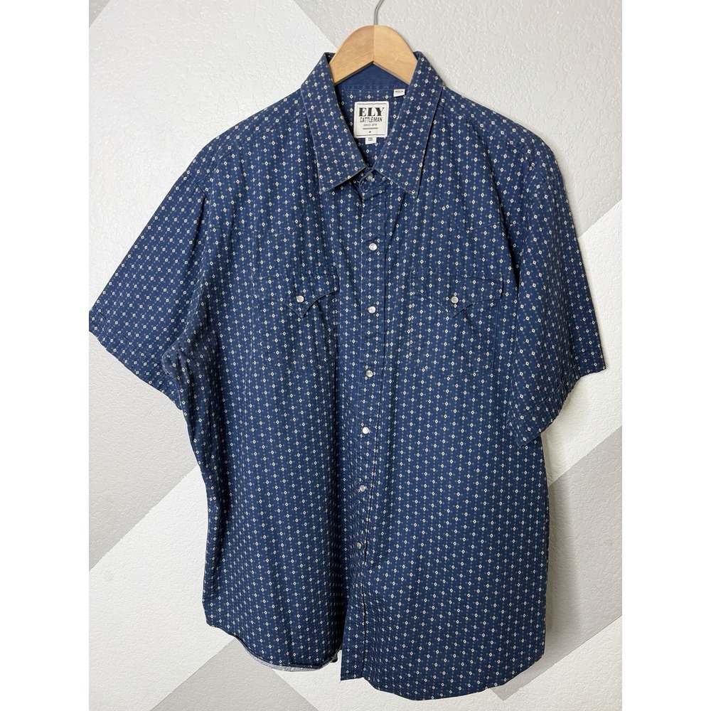 Ely Cattleman Mens Blue Geometric Pearl Snap Western Shirt Short Sleeve XXL 2XL - Picture 2 of 14